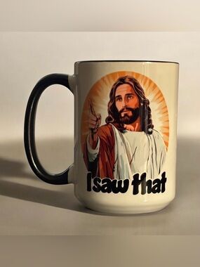 Jesus 'I Saw That' White and Black Ceramic Mug - Religious Coffee Cup